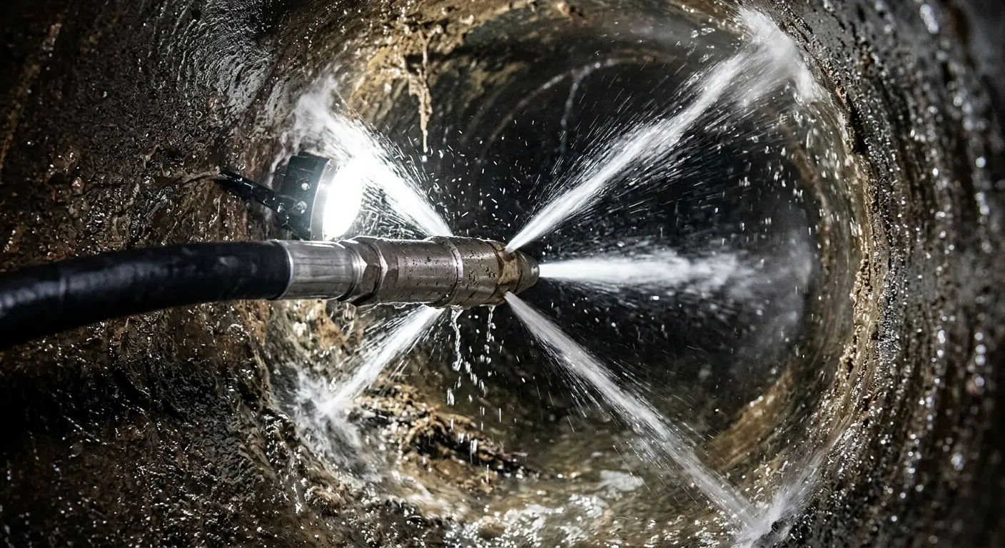 High-pressure hydro jetting nozzle cleaning sewer pipe for Trenchless Sewer Repair in St. Anthony