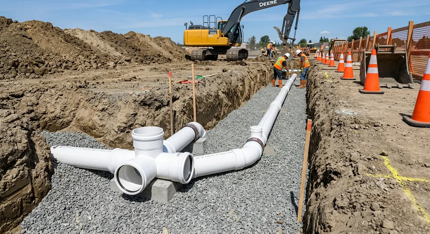 New PVC sewer pipe installation in open trench for Grease Trap Cleaning in St. Anthony