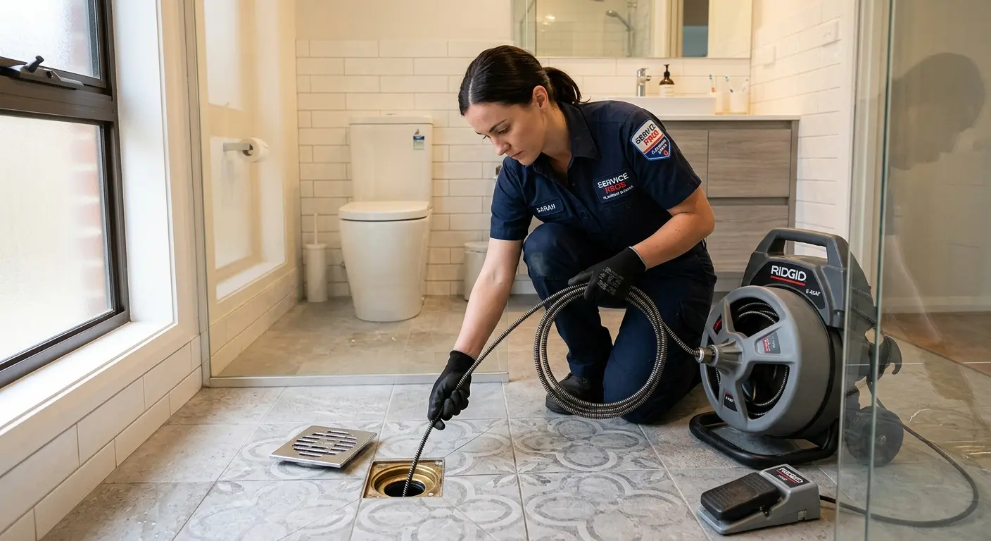 Technician clearing a bathroom floor drain for Drain Repair in St. Anthony